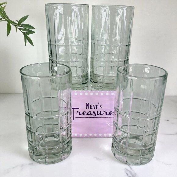 Anchor Hocking Clear MANCHESTER TARTAN Plaid Ice Tea 16oz Tumblers Glasses Set 4